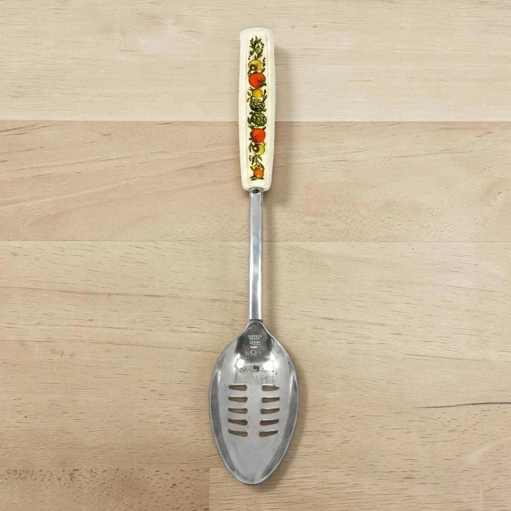 VTG Ekco Slotted Spoon Fruit Vegetable Harvest Handle Chromium Plated USA 1970s